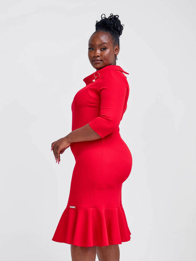 The Fashion Frenzy Turtle Neck Fishtail Dress - Red - Shopzetu