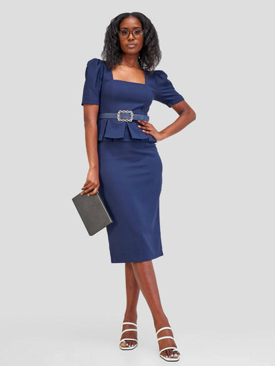 The Fashion Frenzy Belted Peplum Dress - Navy Blue - Shopzetu
