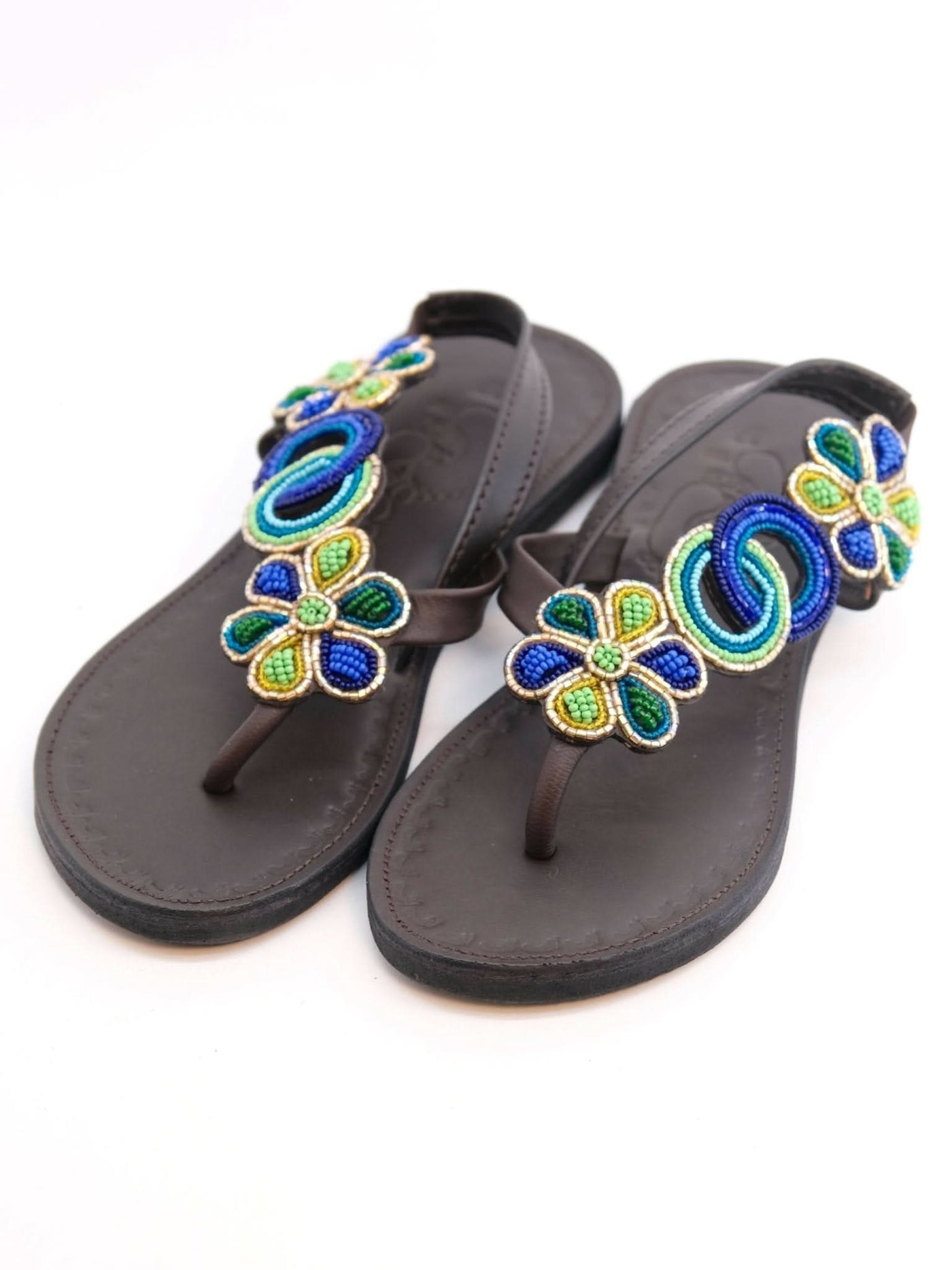 Azu's Beaded Backstrap Sandals - Blues / Green / Gold - Shopzetu