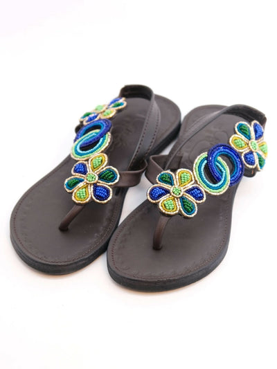 Azu's Beaded Backstrap Sandals - Blues / Green / Gold - Shopzetu