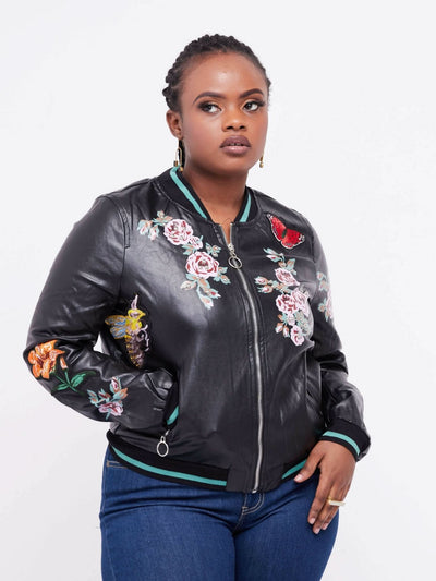 Shop Anna 254 Embroidered Leather Jacket - Black - Shopzetu