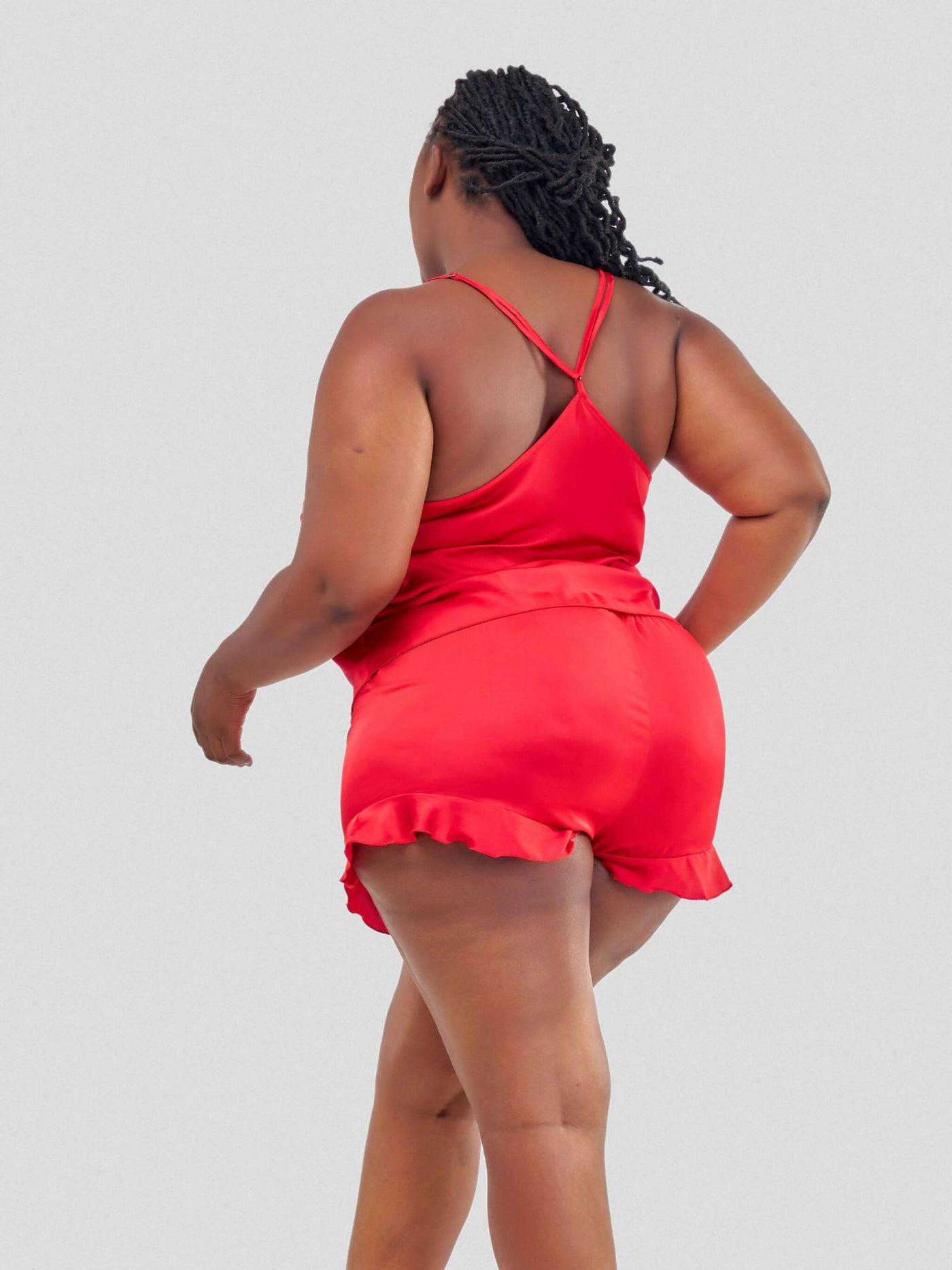 Intimates Kenya Camisole Satin Chiffon Sleepwear with Ruffle Short Pants - Red - Shopzetu