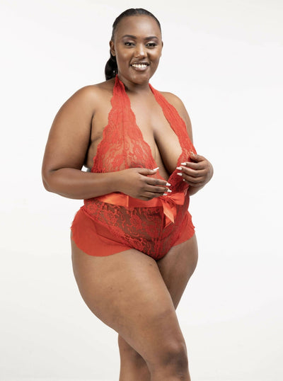 Intimates Kenya Ruffle Plus Size Teddy With The Belt Sexy Halter V Neckline Lingerie - Red - Shopzetu