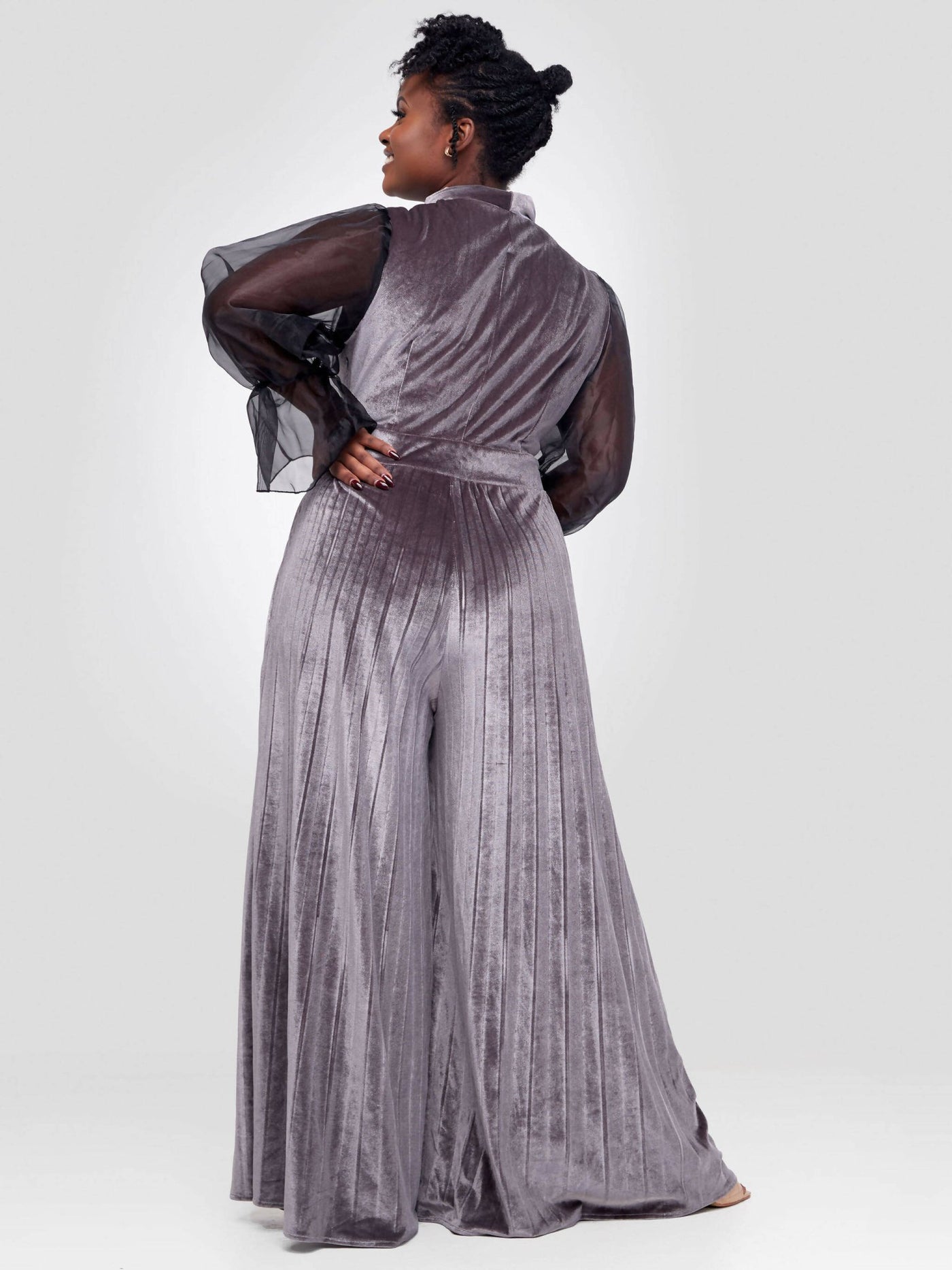 Bold N Chic Flared Velvet Jumpsuit - Grey - Shopzetu