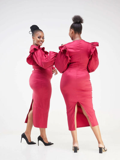 Bold N Chic Ruffled Shoulders Bandage Dress - Burgundy - Shopzetu