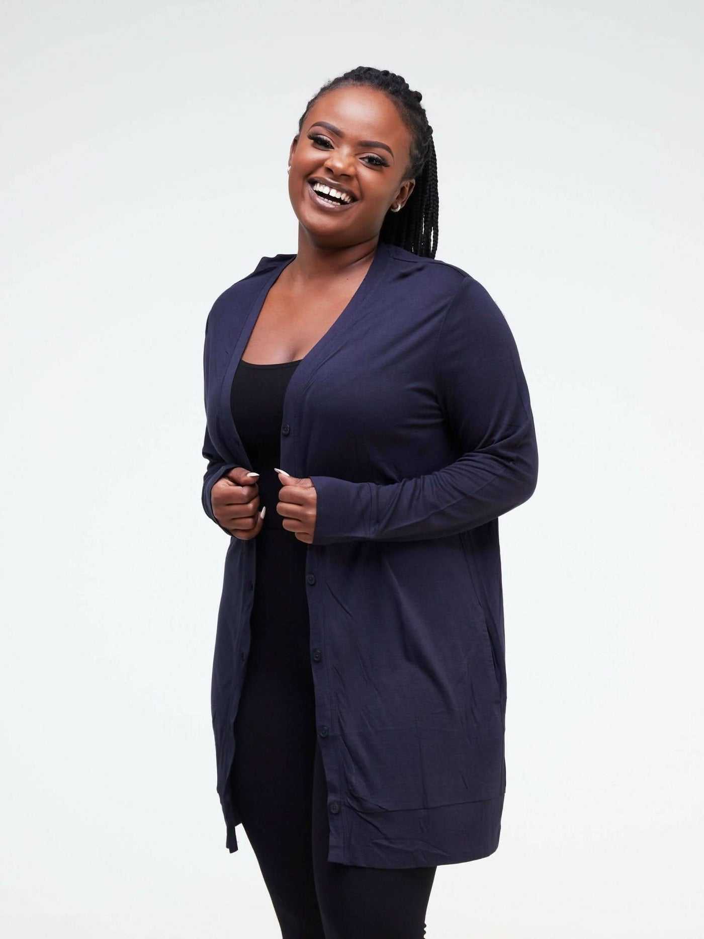 Hessed Midi Buttoned Waterfall - Navy blue - Shopzetu