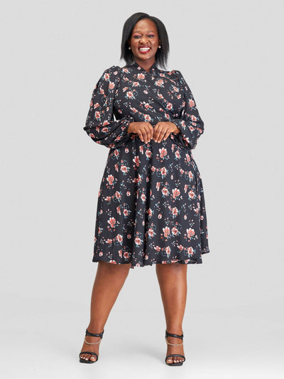 Lucille Couture Elle Floral Wrap Dress - Black - Shopzetu