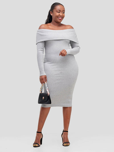 Chic Plug Off - Shoulder Dress - Grey - Shopzetu