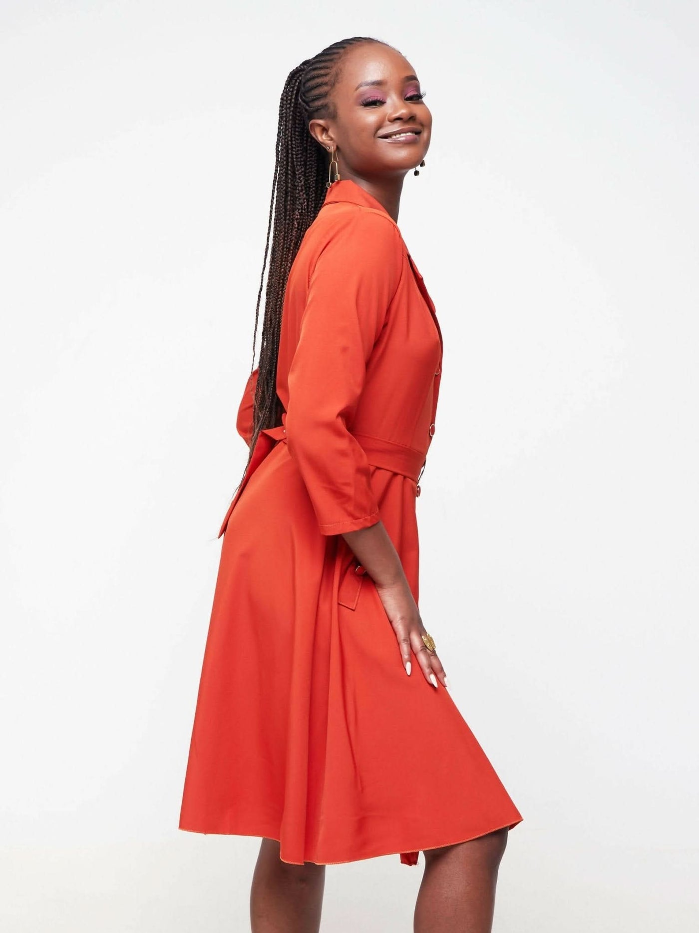 Dd Holdings Full Buttoned Knee Length Dress - Orange - Shopzetu