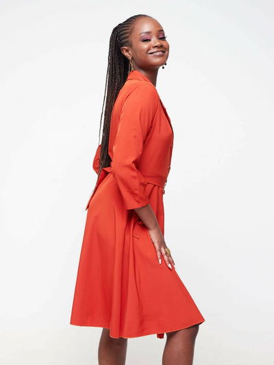 Dd Holdings Full Buttoned Knee Length Dress - Orange - Shopzetu