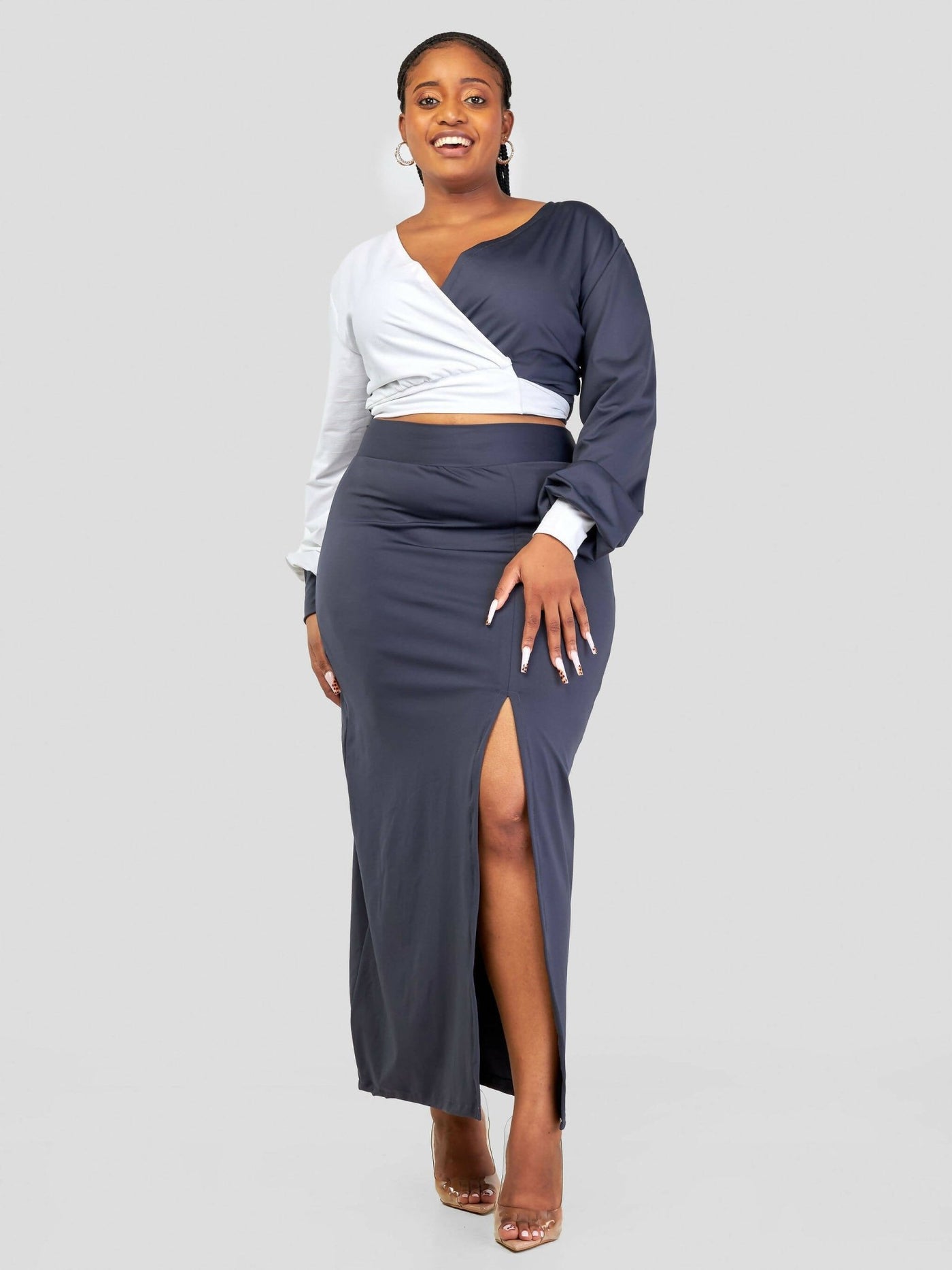 Juka Closet 2 Piece Wrap Top and Skirt - Grey - Shopzetu