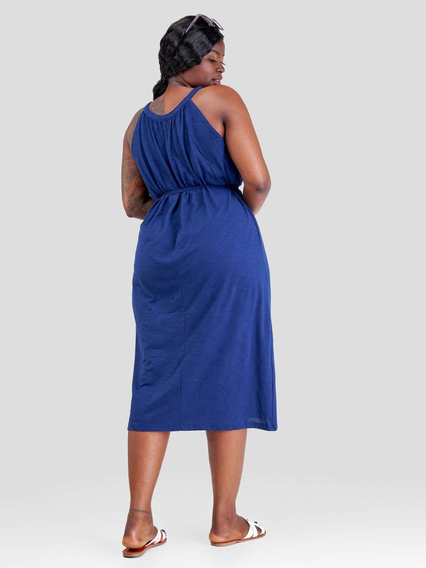 Hessed Round Neck Sleeveless Dress - Blue - Shopzetu