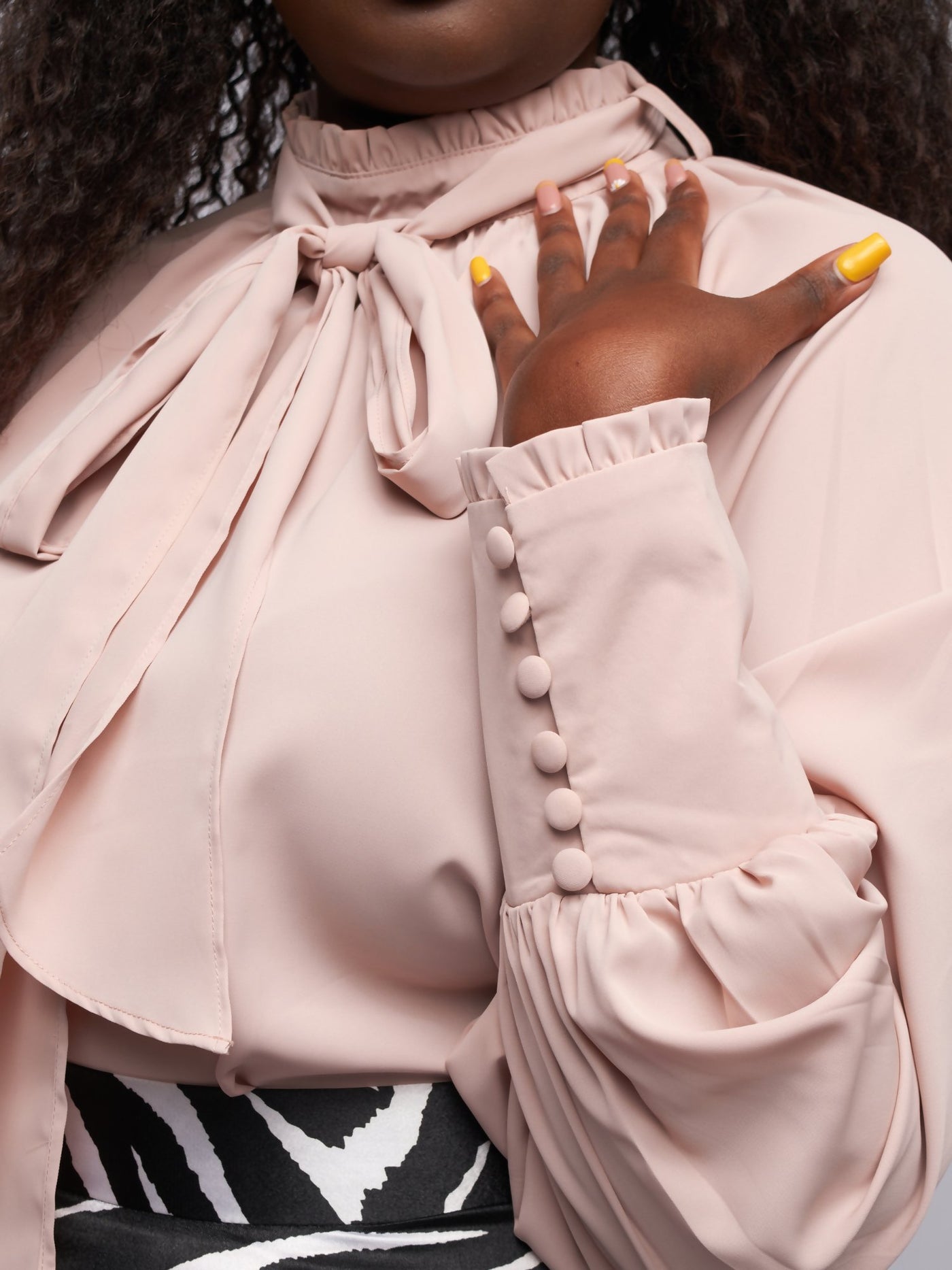Tuli Danai Frilled Mock Neck Blouse - Beige - Shopzetu