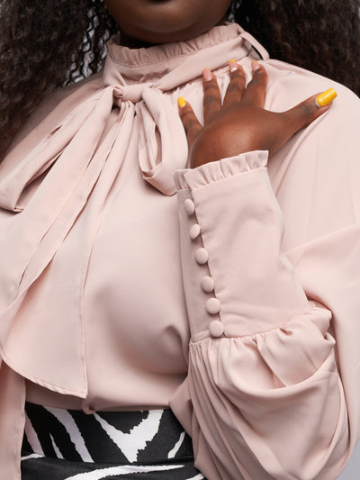 Tuli Danai Frilled Mock Neck Blouse - Beige - Shopzetu