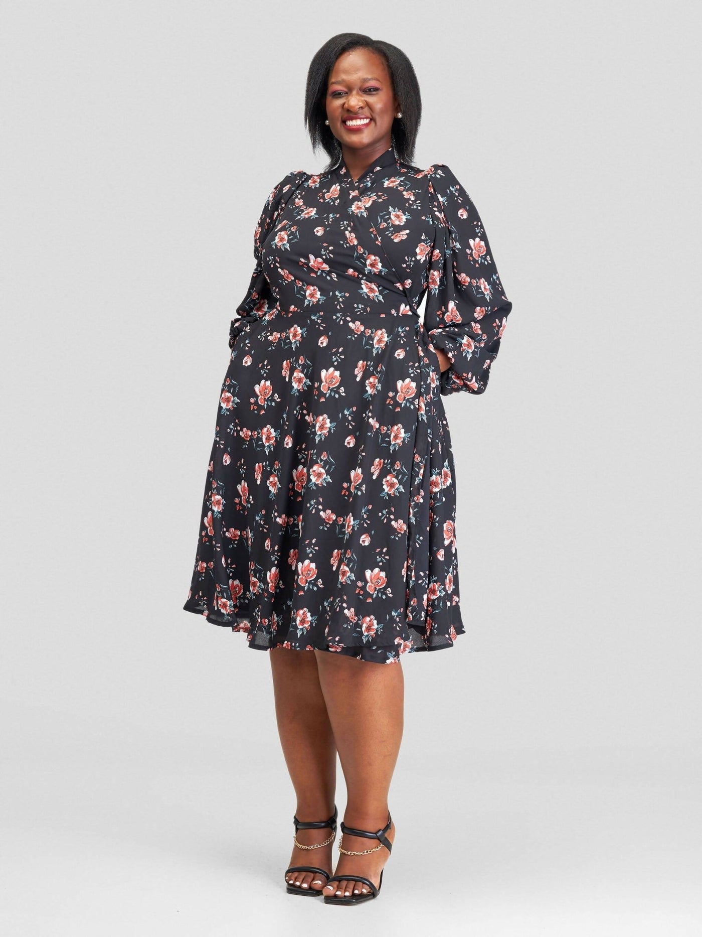 Lucille Couture Elle Floral Wrap Dress - Black - Shopzetu