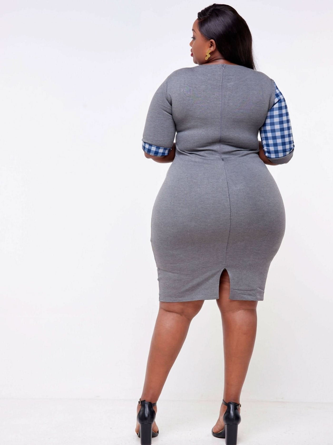 Dd Holdings 3/4 Sleeved Checked Back Slit Dress - Blue - Shopzetu