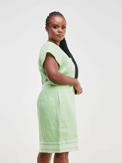 Valuespot Linen Blend Dress with Embroidery - Green - Shopzetu