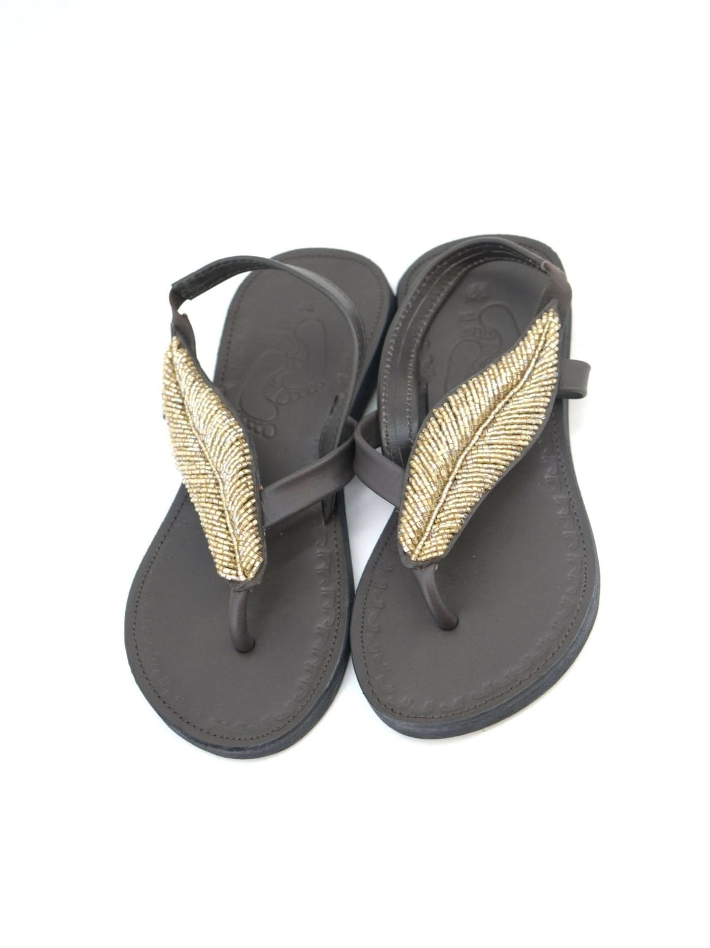 Azu's Casual Leaf Backstrap Sandals - Dark Brown / Gold Beads - Shopzetu