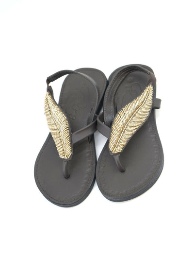 Azu's Casual Leaf Backstrap Sandals - Dark Brown / Gold Beads - Shopzetu