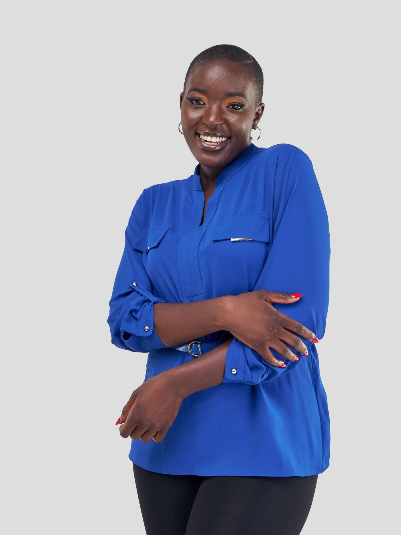 The Fashion Frenzy Belted Mock Pocket Long Sleeve Blouse - Blue - Shopzetu