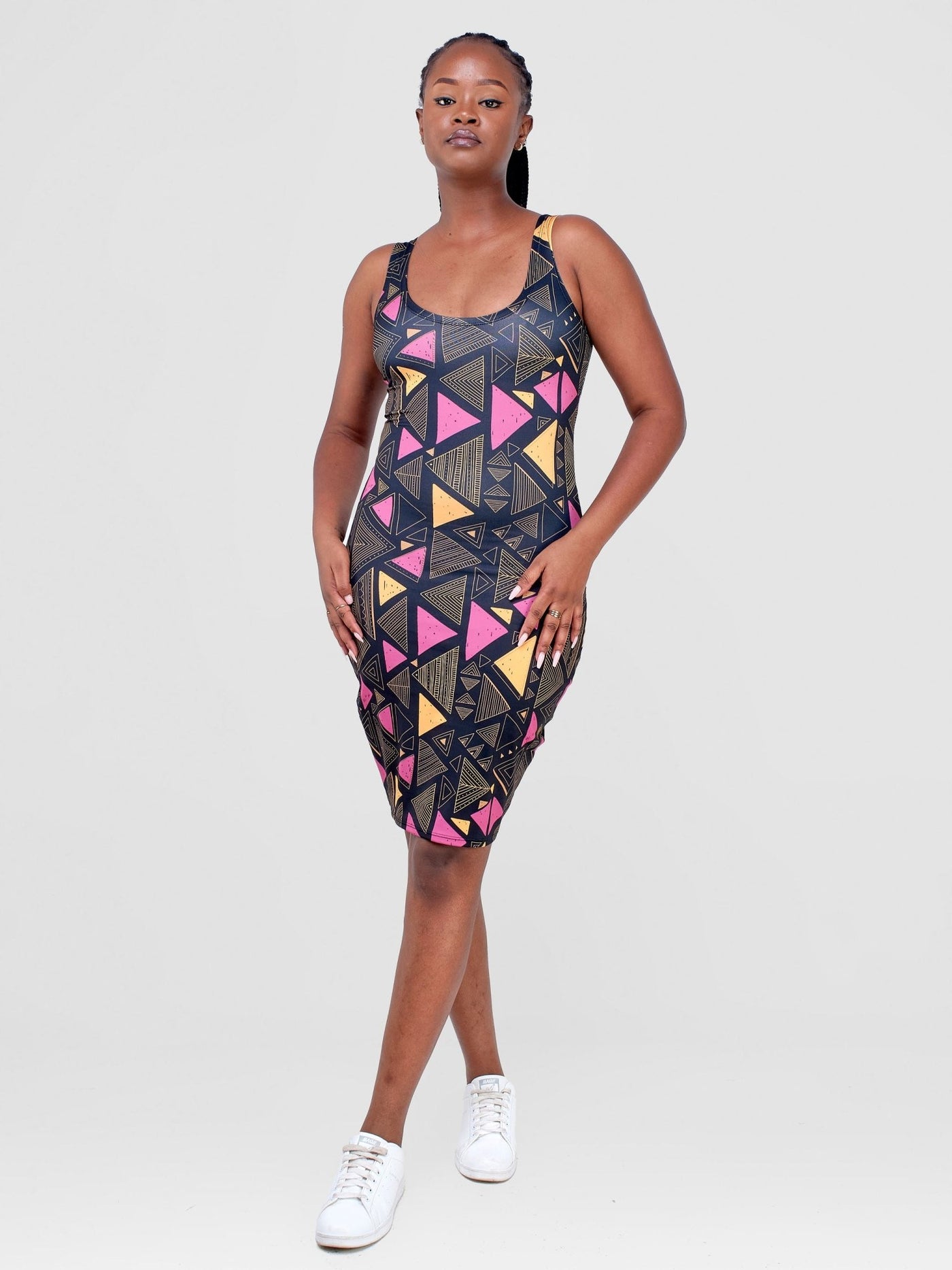 Zoya Essentials Midi Bodycon - Black / Purple Geometric Print - Shopzetu