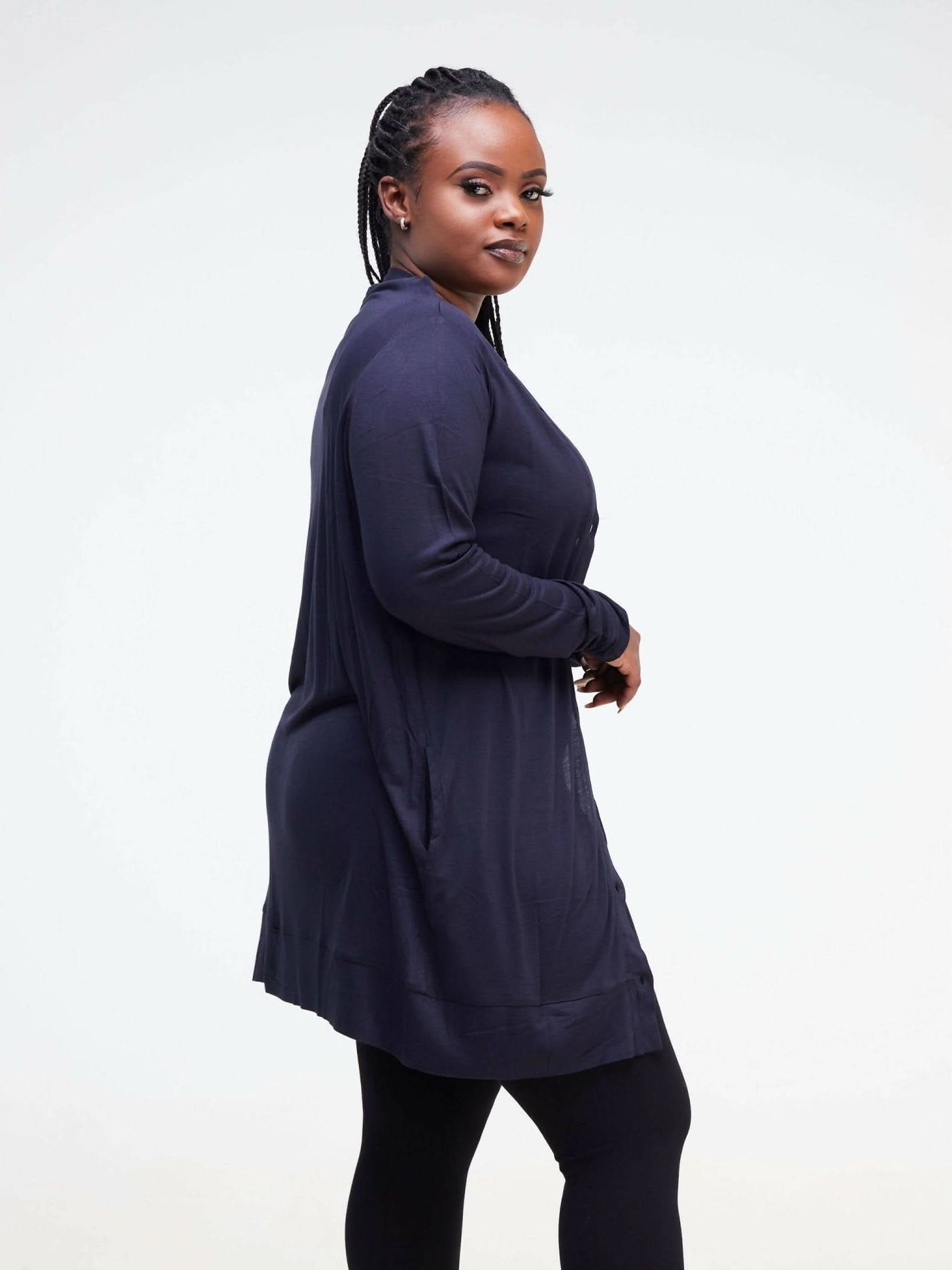 Hessed Midi Buttoned Waterfall - Navy blue - Shopzetu