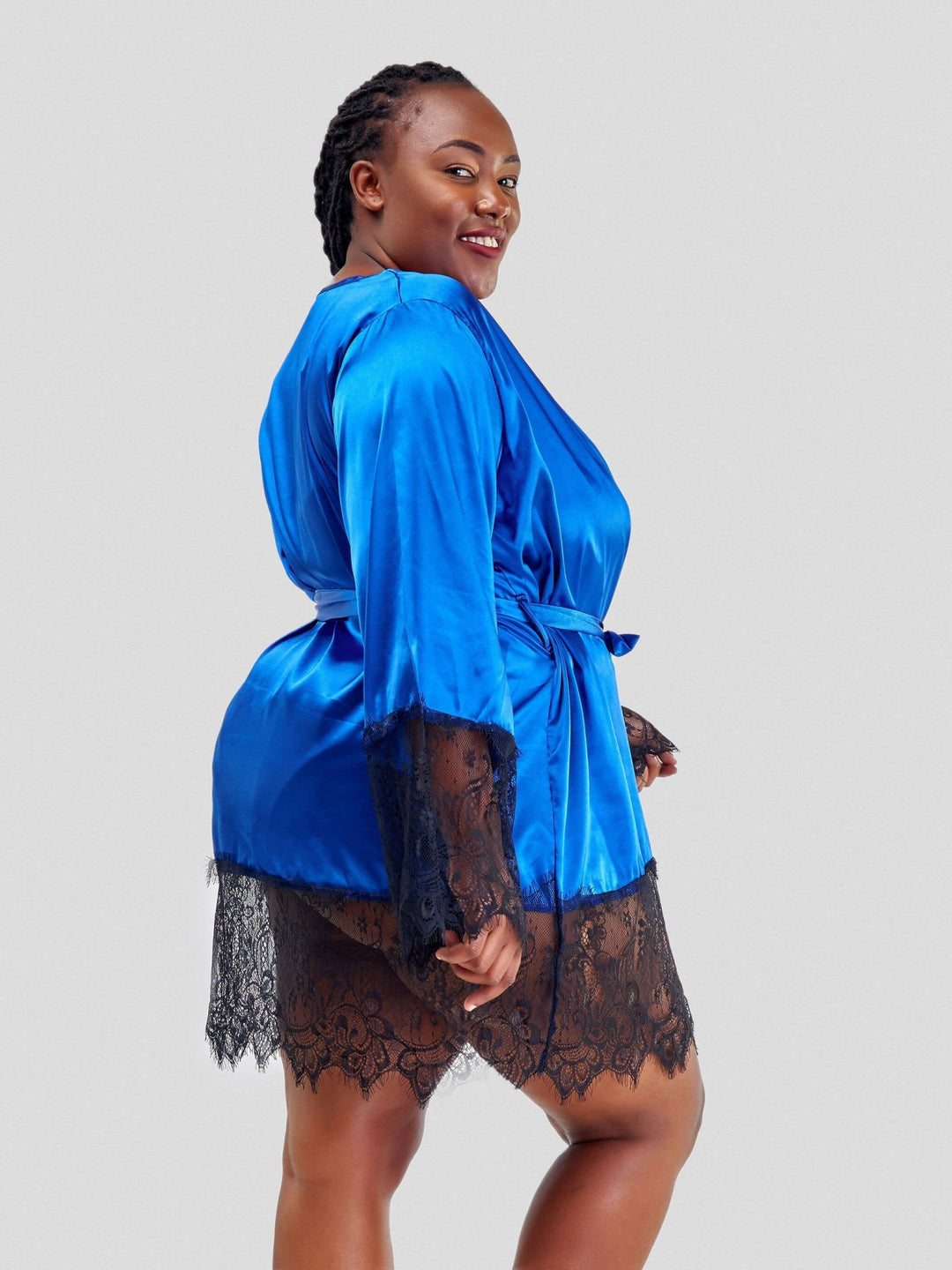 Intimates Kenya Eyelash Lace Nightdress Silk Long Sleeves Sleepwear with G String - Blue - Shopzetu