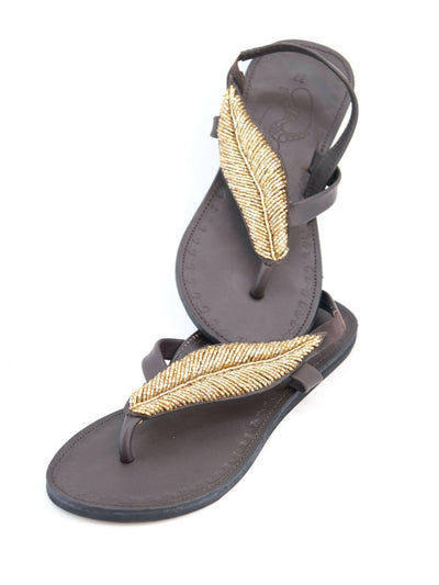 Azu's Casual Leaf Backstrap Sandals - Dark Brown / Gold Beads - Shopzetu
