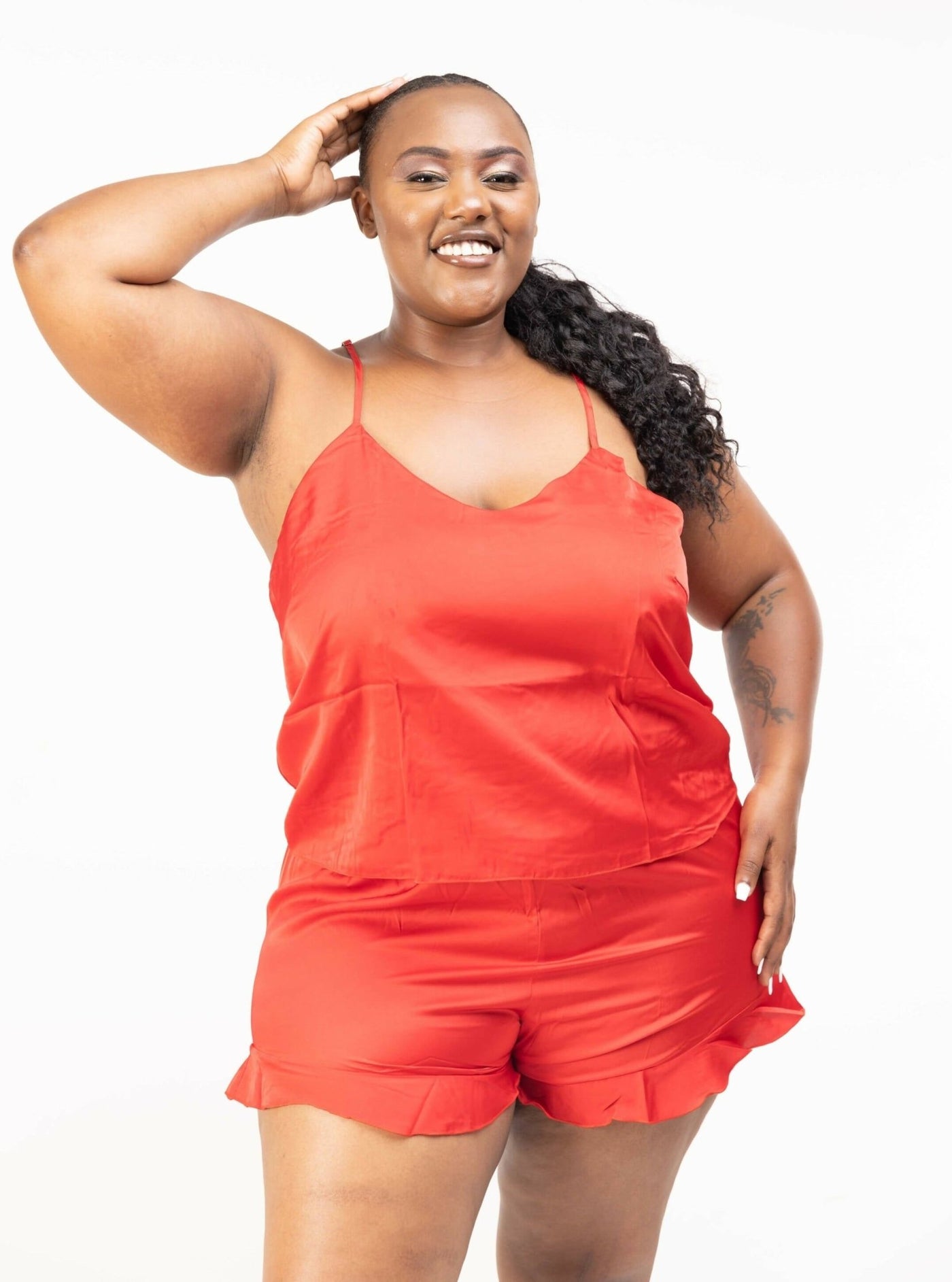 Intimates Kenya Camisole Satin Chiffon Sleepwear with Ruffle Short Pants - Red - Shopzetu