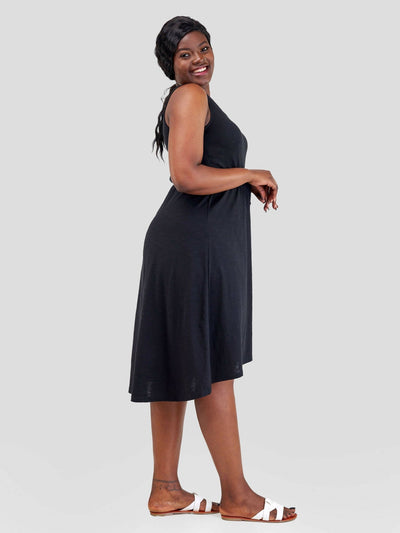 Hessed Midi Sleeveless V-Neck Dress - Black - Shopzetu