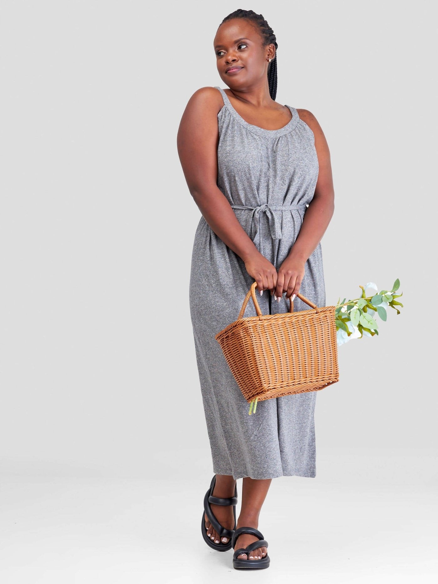 Hessed Midi Round Neck Sleeveless Dress - Grey - Shopzetu