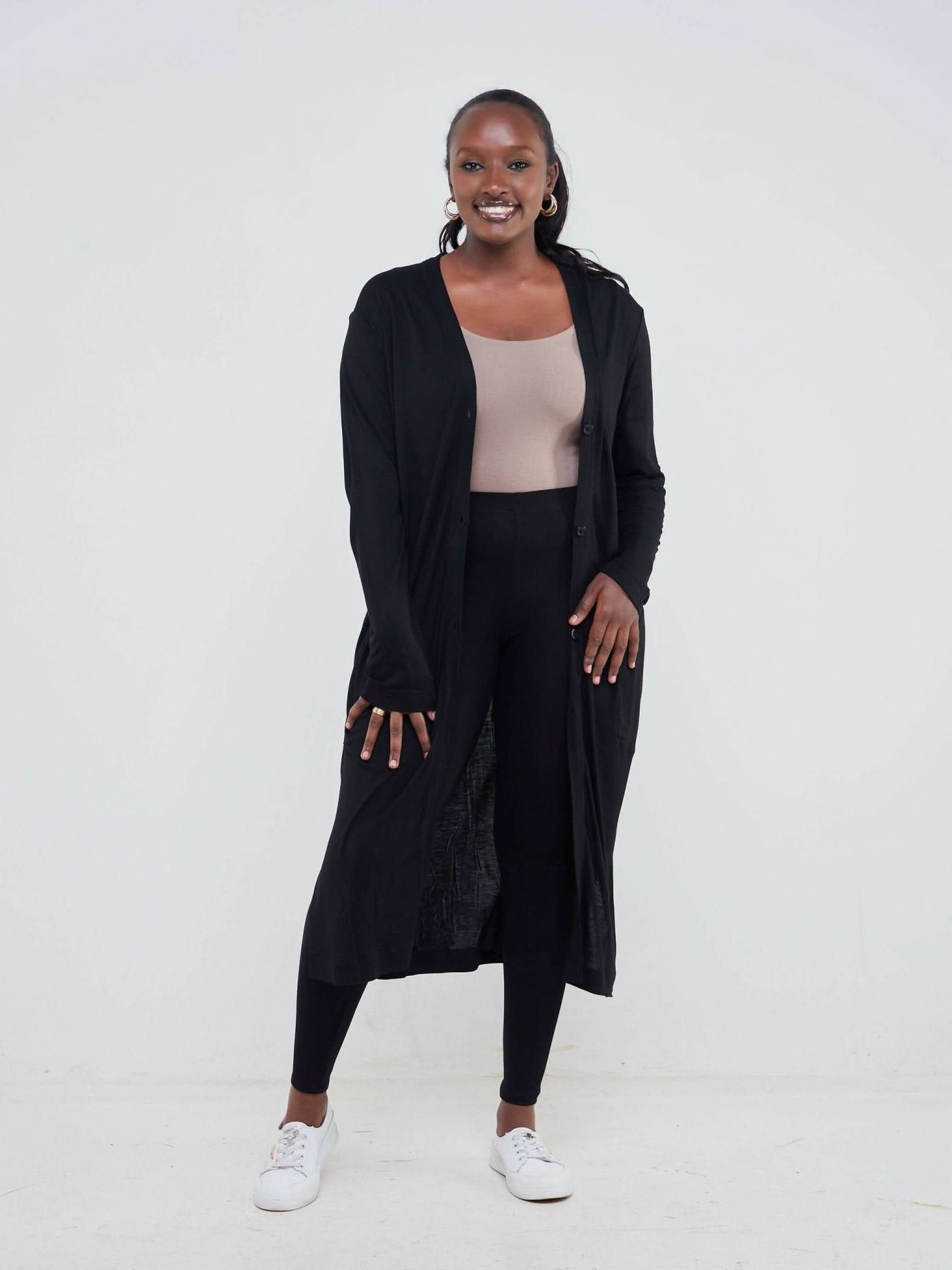 Hessed Long Buttoned Waterfall - Black - Shopzetu