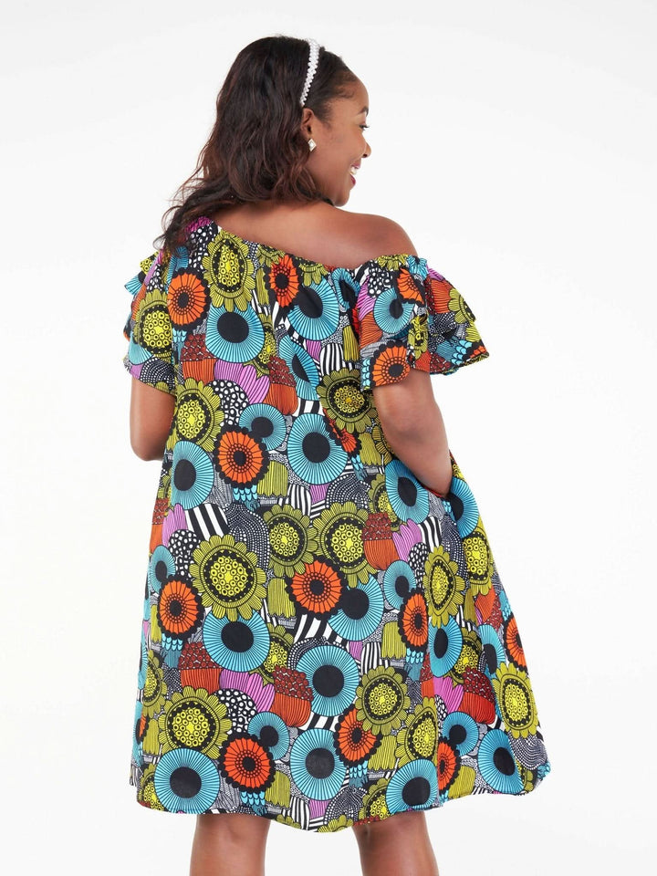 Izulu Amali Off Shoulder Dress - Blue Print - Shopzetu