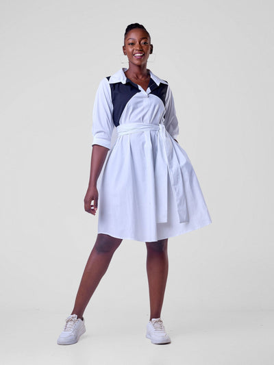 Safari Lira Front Panelled Shirt Dress - White / Black - Shopzetu