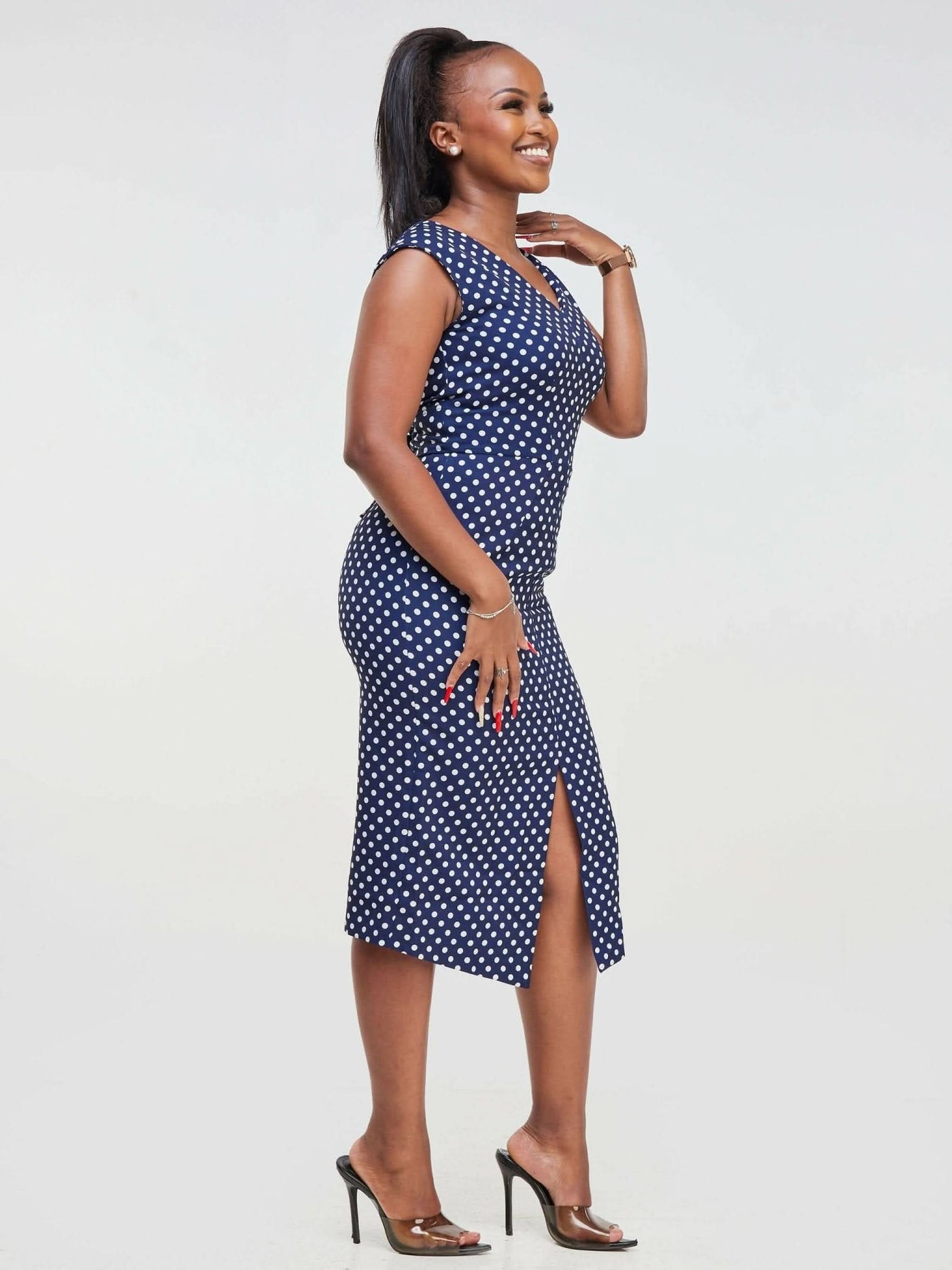 The Fashion Frenzy Polka Pencil Dress - Blue - Shopzetu