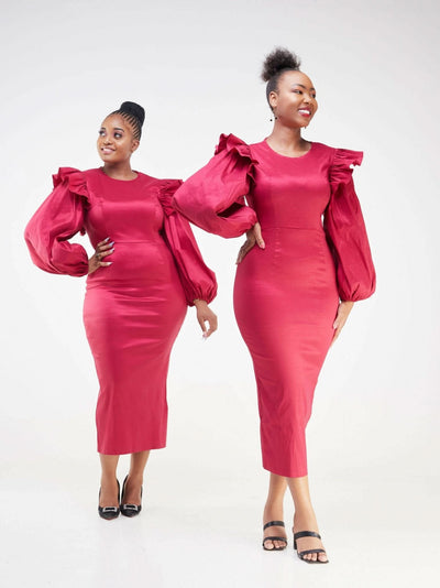 Bold N Chic Ruffled Shoulders Bandage Dress - Burgundy - Shopzetu