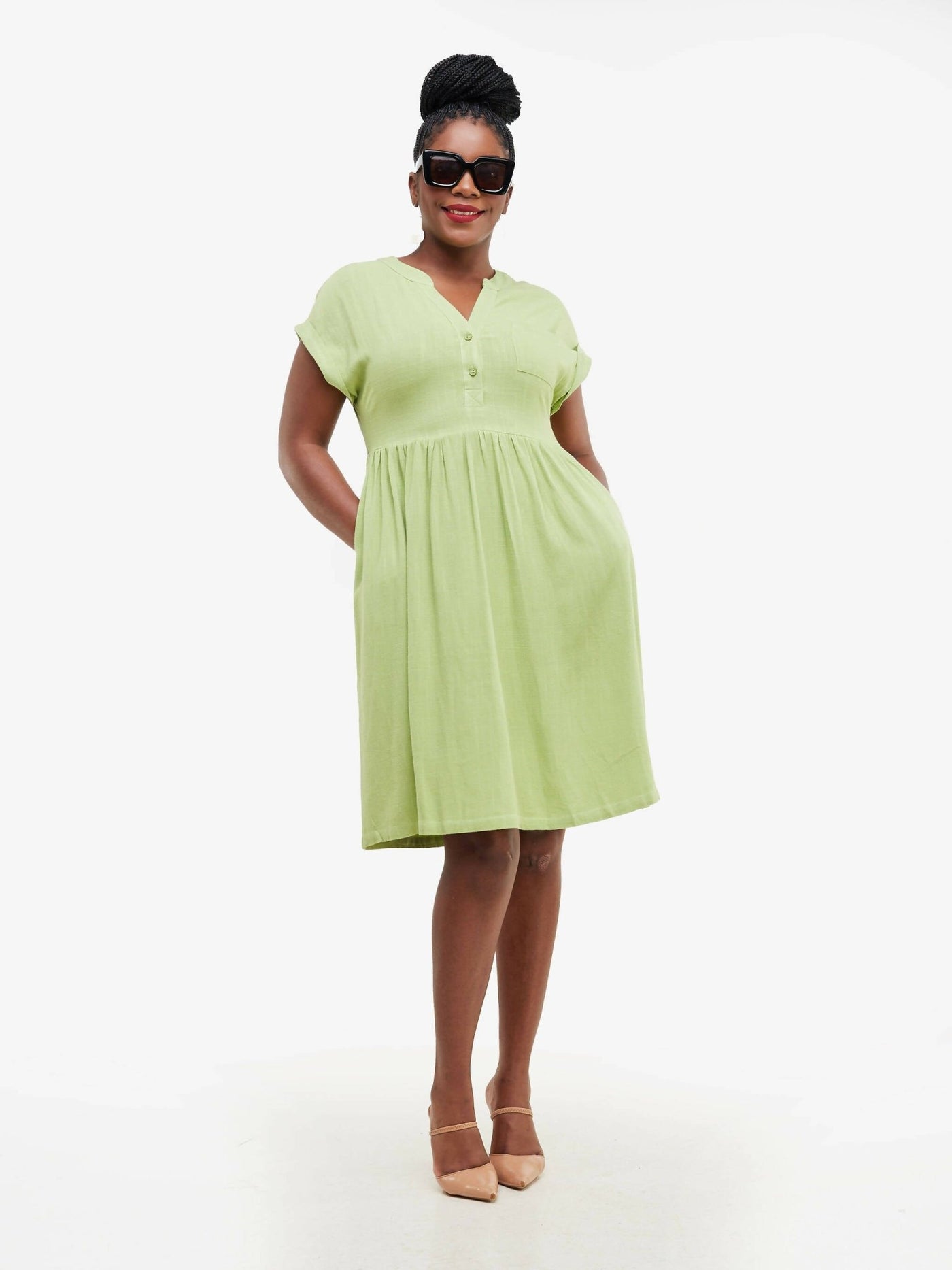 Valuespot Linen Blend Dress - Green - Shopzetu