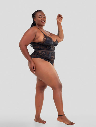 Intimates Kenya High Quality Eyelash Lace Splice Sexy Bodysuit - Black - Shopzetu