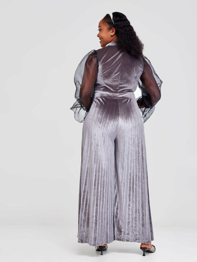 Bold N Chic Flared Velvet Jumpsuit - Grey - Shopzetu