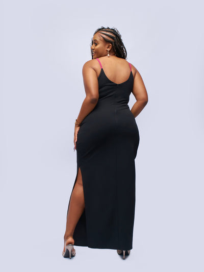 Tuli Katwiri Colour Block Maxi Dress - Fuchsia & Black - Shopzetu