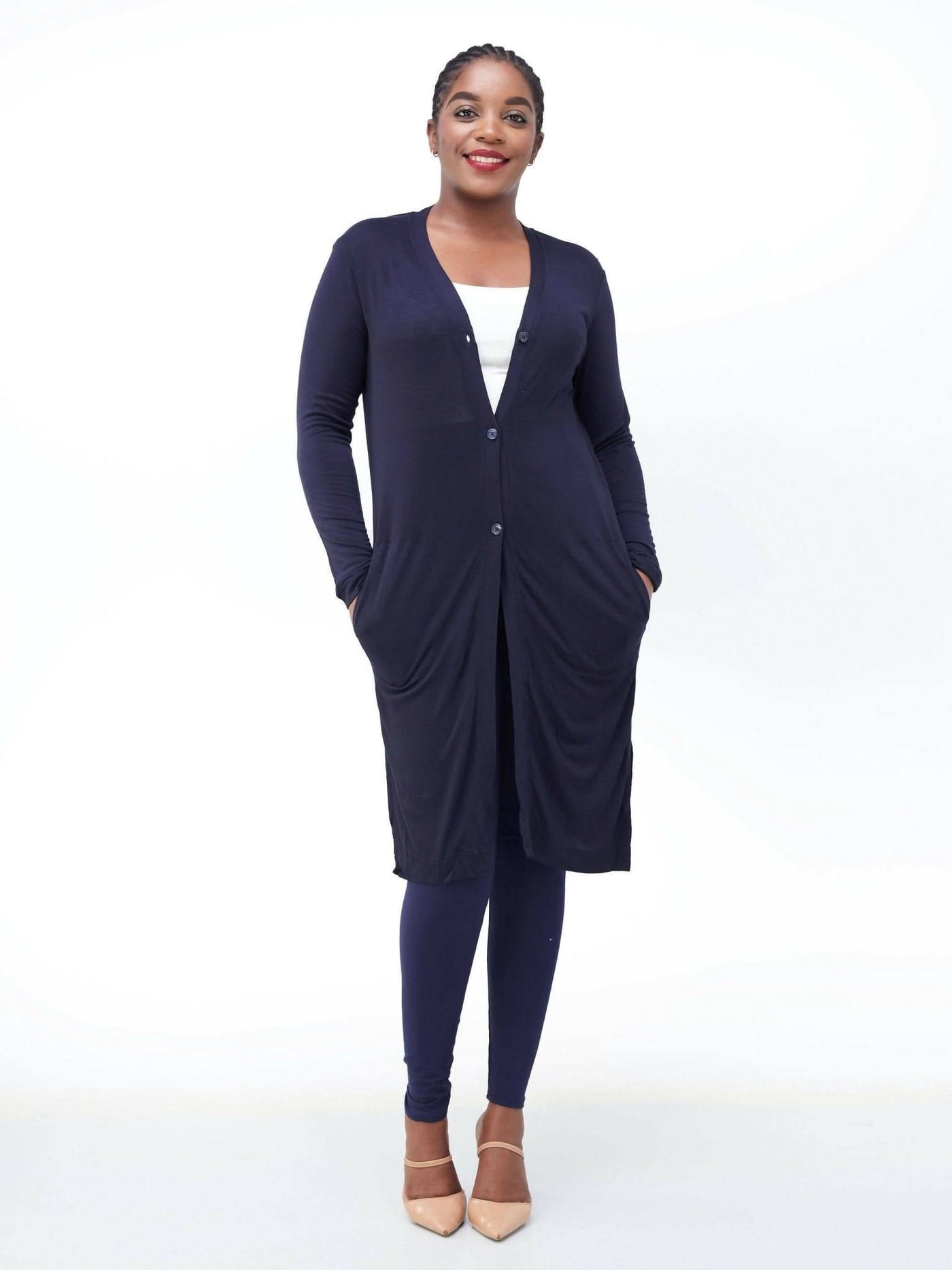 Hessed Long Buttoned Waterfall - Navy Blue - Shopzetu