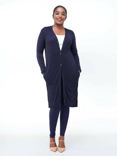 Hessed Long Buttoned Waterfall - Navy Blue - Shopzetu