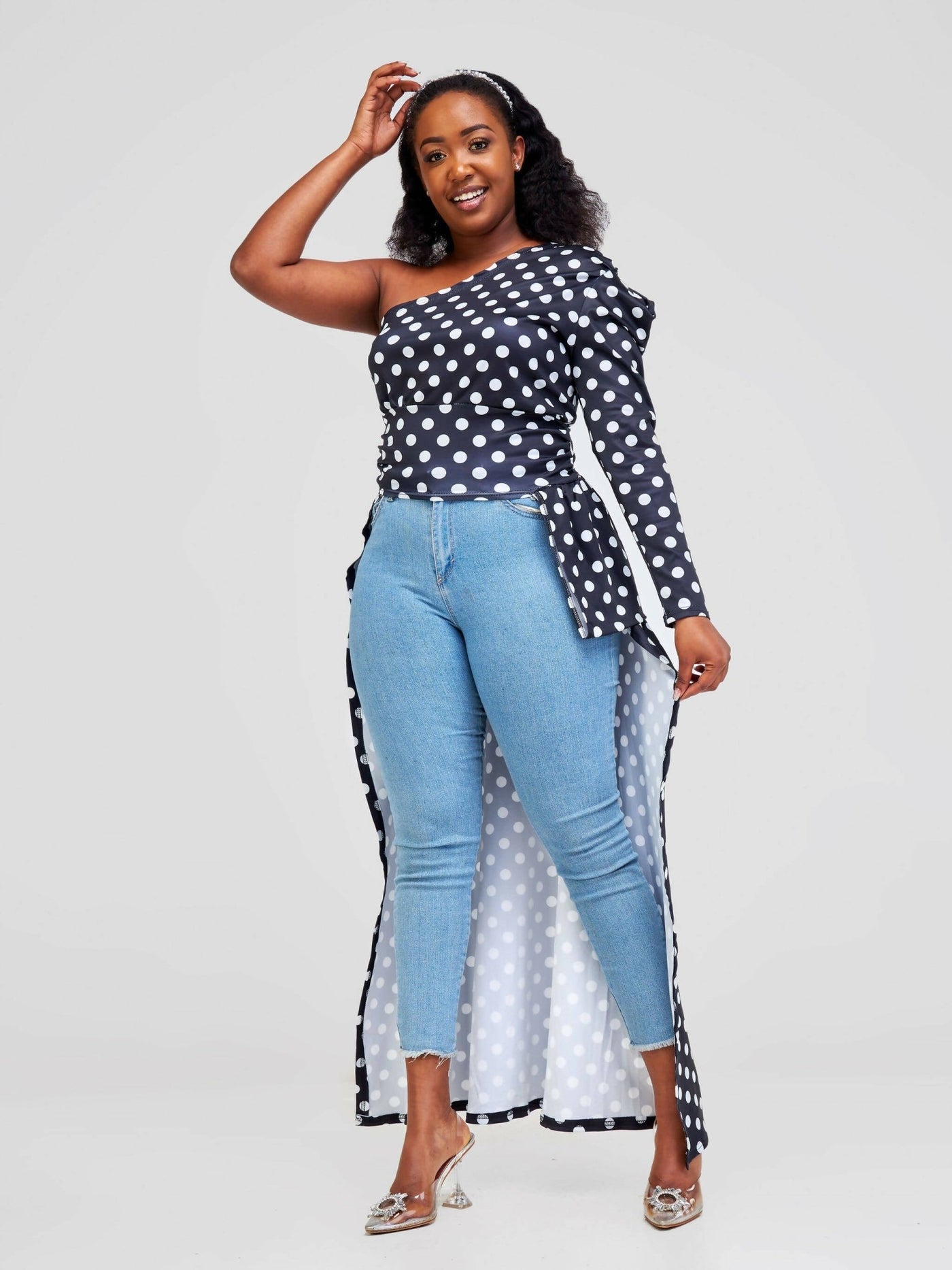 Bold N Chic One Shoulder Polka Dot Trail Top - Black - Shopzetu