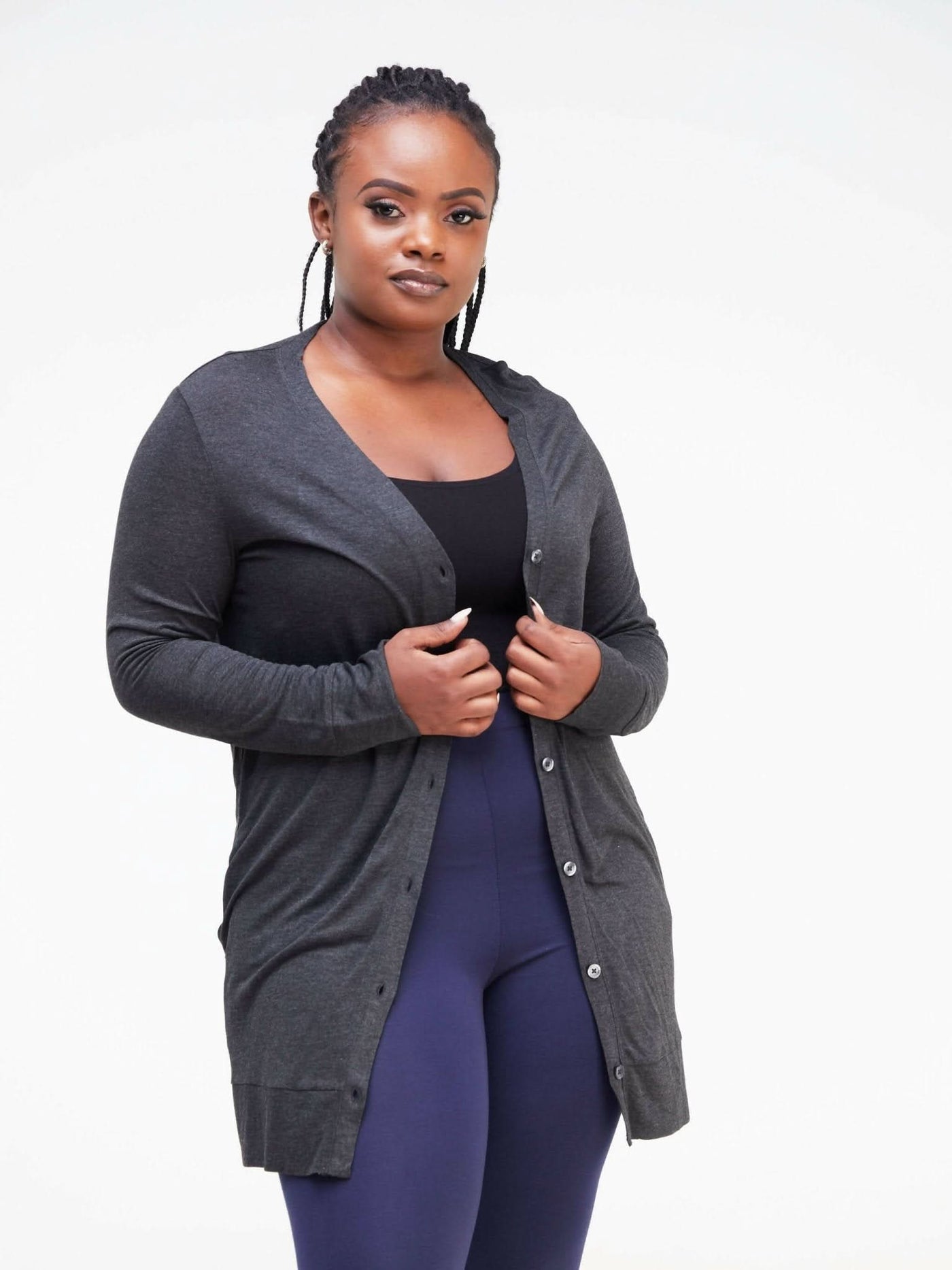 Hessed Midi Buttoned Waterfall - Dark Grey - Shopzetu