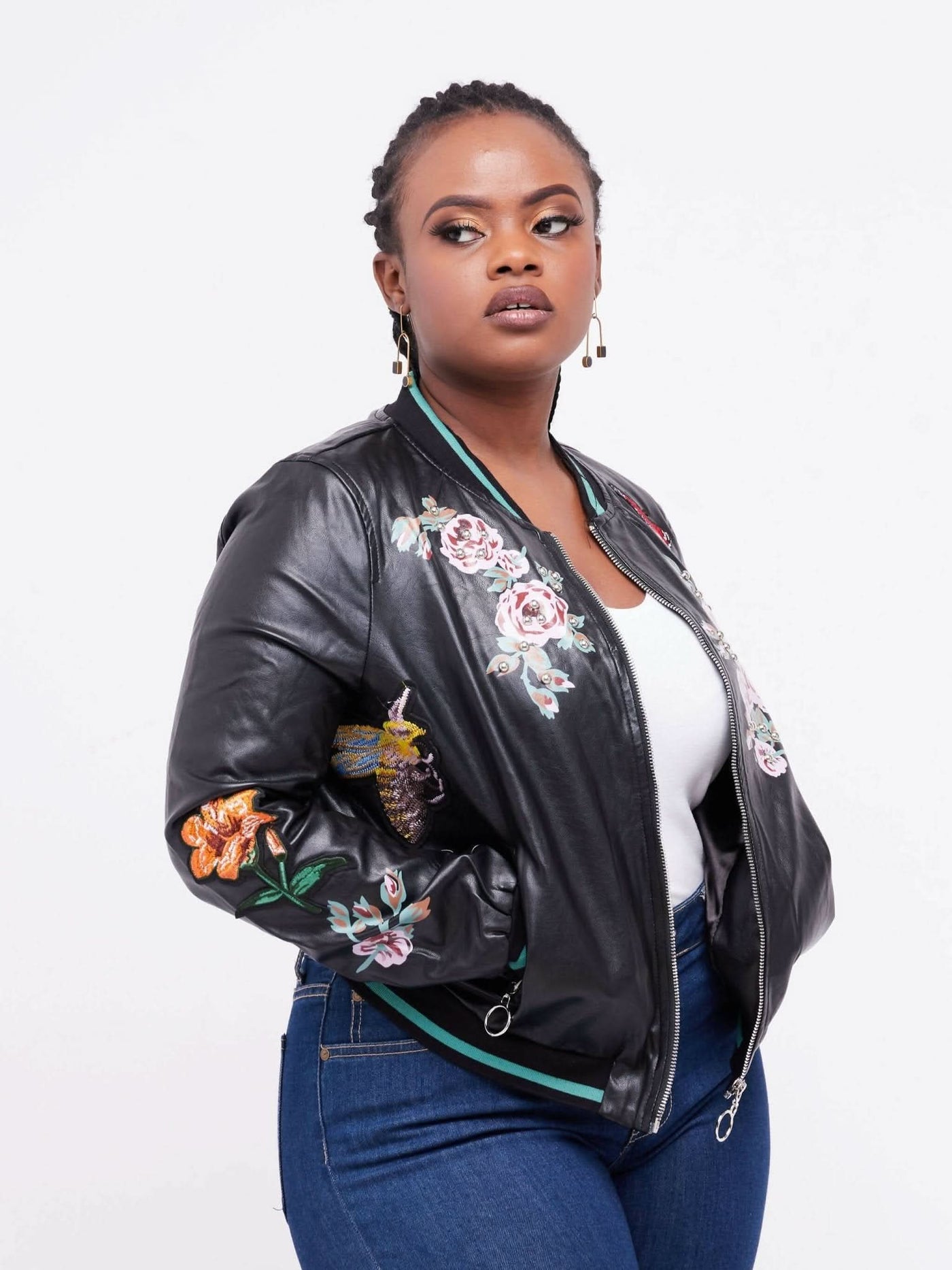 Shop Anna 254 Embroidered Leather Jacket - Black - Shopzetu