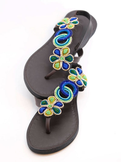 Azu's Beaded Backstrap Sandals - Blues / Green / Gold - Shopzetu