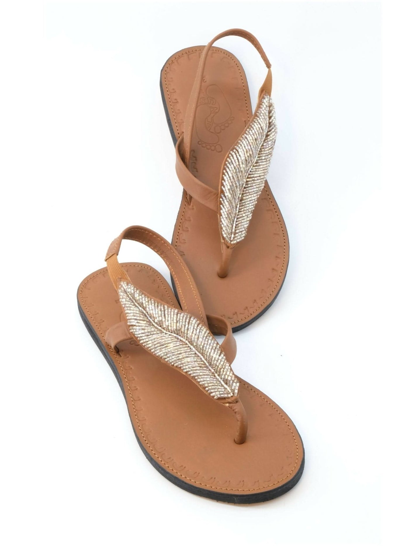 Azu's Leaf Backstrap Sandals - Silver Print / Tan Leather - Shopzetu