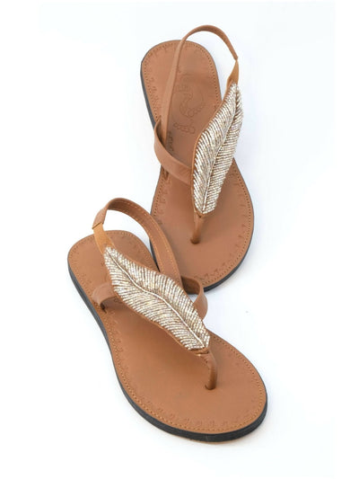 Azu's Leaf Backstrap Sandals - Silver Print / Tan Leather - Shopzetu