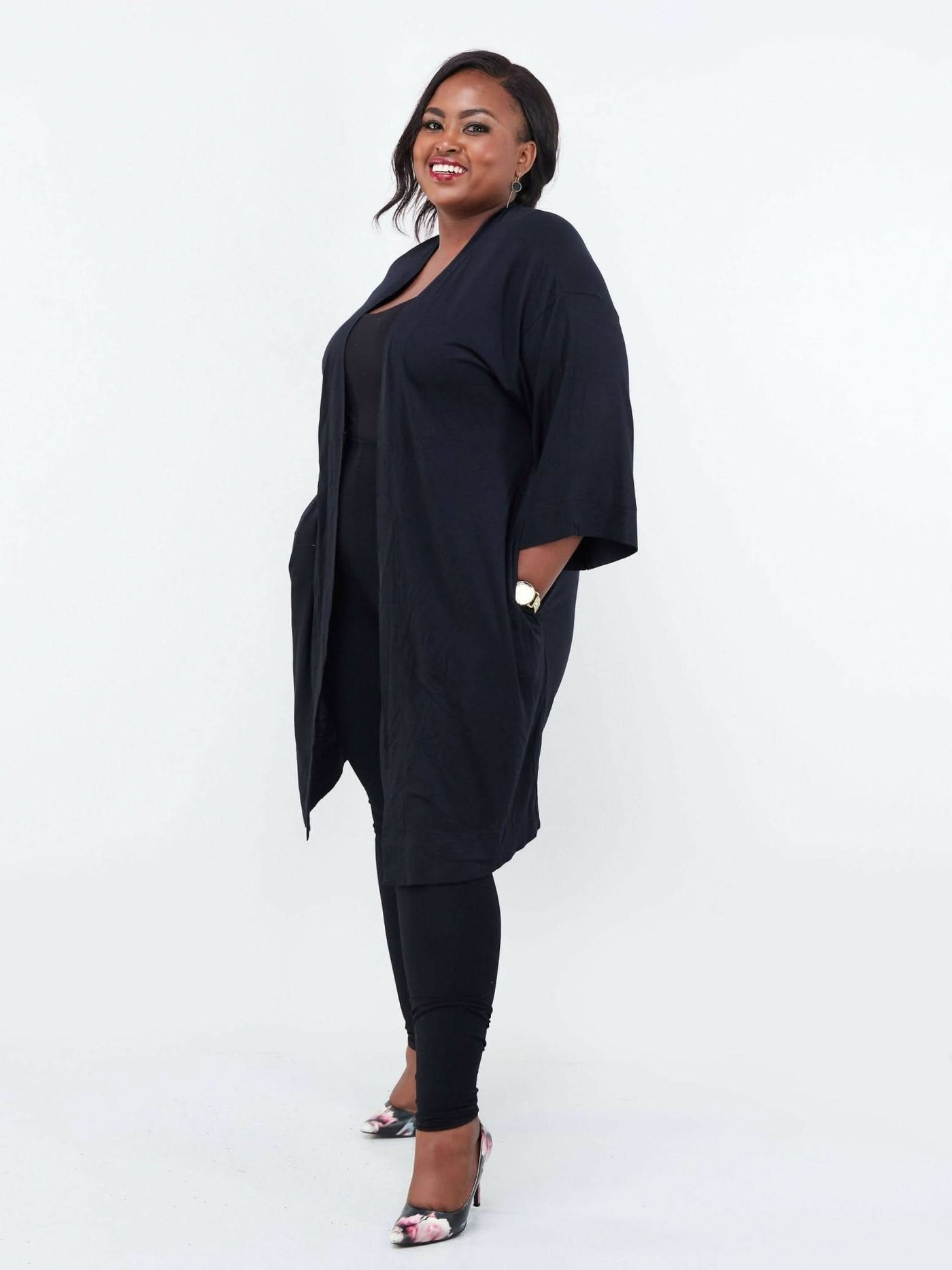 Hessed Long Buttonless Waterfall - Black - Shopzetu