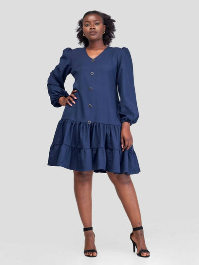 Jolly Fancy Wear Puffed Sleeve Shift Dress - Navy Blue - Shopzetu
